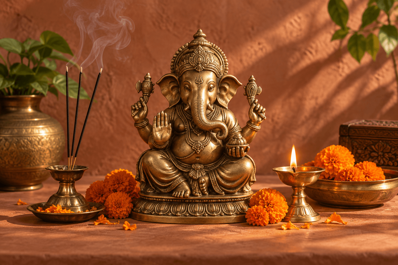 A peaceful home mandir with a brass Ganesha idol, diya and marigolds